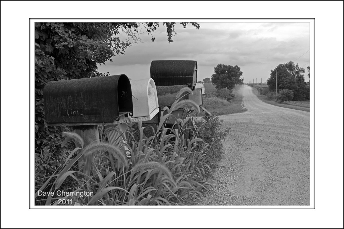 Dave's country mailboxes in black and white